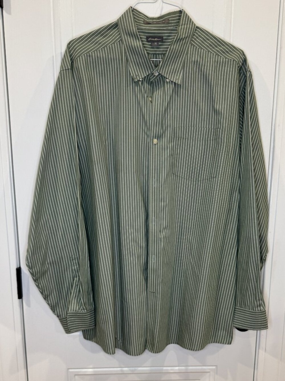 Eddie Bauer Wrinkle-Free Relaxed Fit Green & White Striped Button Down EUC